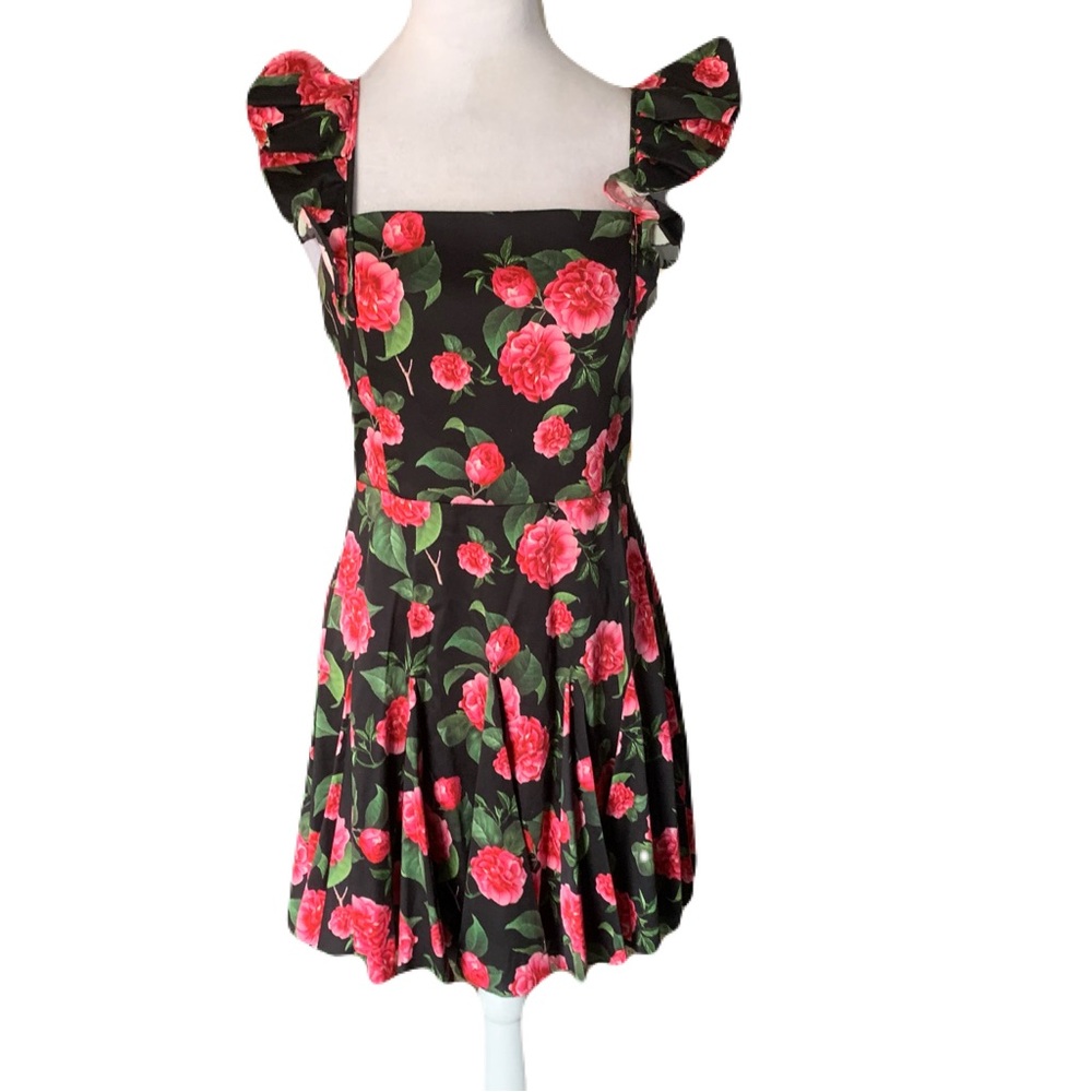 Alice + Olivia Womens Size 6 Black & Pink Floral Ginny Ruffle Godet Mini Dress